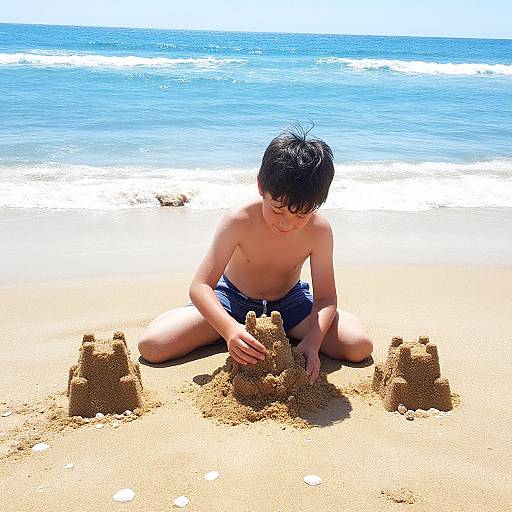 Photograph of a young, shirtless boy with wet black hair, kneeling on sunny beach, building a sandcastle with three towers. Blue ocean waves
