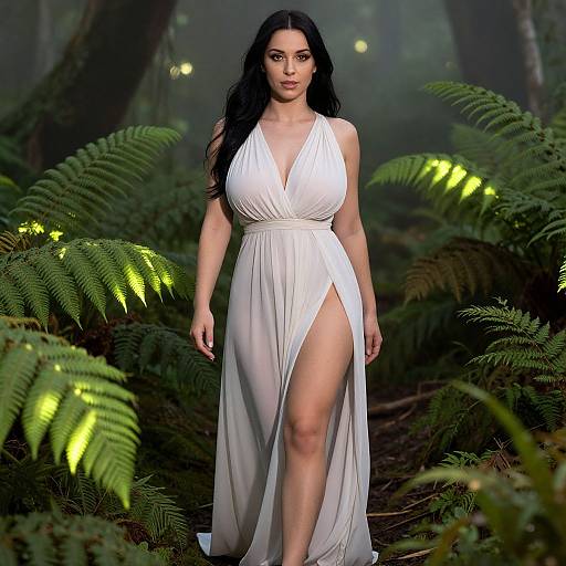 Photograph of a dark-haired woman in a white, deep V-neck, sheer dress with a high slit, standing in a forest with glowing ferns