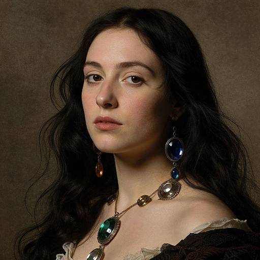 Photorealistic portrait of a fair-skinned woman with long black hair, wearing blue and green gemstone earrings and necklace, against a dark brown background