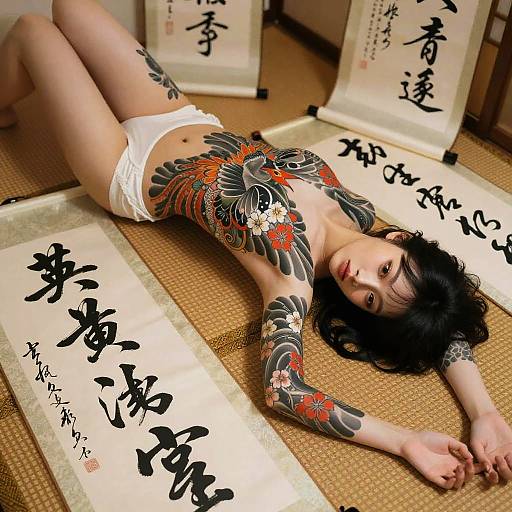 Tattooed Japanese Girl on Tatami