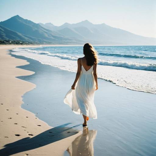 Woman Walking on Serene Beach at Sunrise