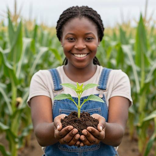 Smiling African woman with braided hair holds small green plant in soil, wearing denim overalls over white shirt, in cornfield. Photograph.