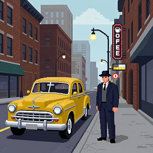 Pixel art of a 1950s-style yellow car parked on a brick street, with a suited man in a fedora standing beside it, near