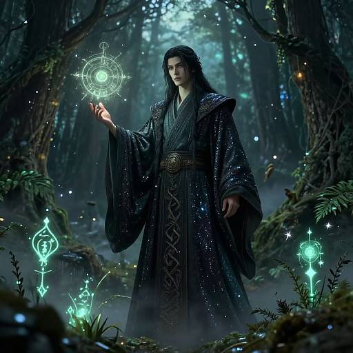 Digital fantasy artwork of a long-haired, dark-robed mage casting a glowing magical circle in a mystical, forested, moonlit clearing.