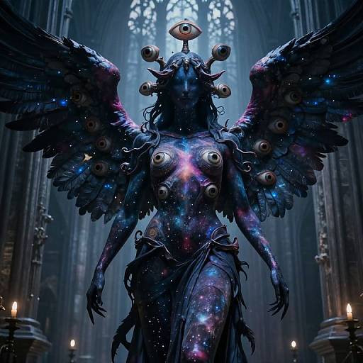 Digital artwork of a dark, winged, multi-eyed, cosmic goddess with glowing eyes and starry skin, standing in a gothic cathedral.