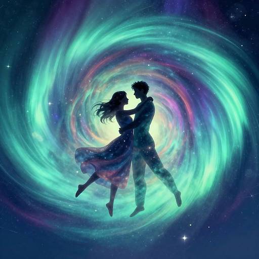 Digital artwork of a silhouetted couple floating in a swirling, colorful galaxy with neon blue, purple, and green hues, against a starry