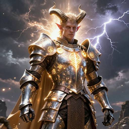 CGI fantasy image of a fierce, horned, blonde elf warrior in glowing, ornate silver armor with lightning in the stormy sky.