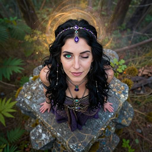 Photorealistic digital art of a fair-skinned woman with black curly hair, green and blue eyes, wearing a jewel-encrusted headpiece