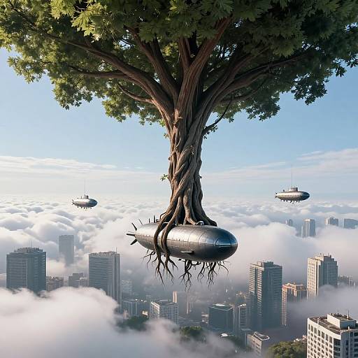Photorealistic digital artwork of a giant tree with a UFO-like pod hanging from its roots, floating above a cloud-covered cityscape with additional UFOs
