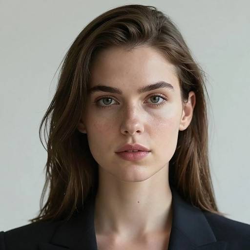 Photograph of a fair-skinned, green-eyed woman with long brown hair, wearing a black blazer, against a plain white background.