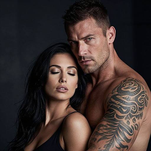 Photograph of a muscular, tattooed man with short brown hair, embracing a beautiful woman with long black hair, closed eyes, and dark lipstick,
