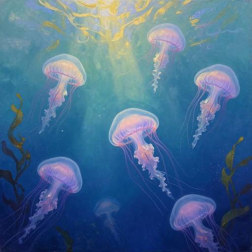 Digital painting of glowing, translucent jellyfish with pink and white hues, floating in a deep blue underwater scene with sunlight rays filtering through, surrounded by dark