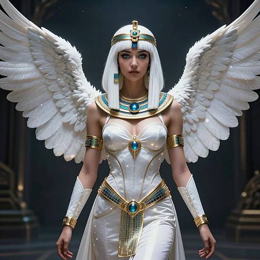 Digital artwork of a stunning, ethereal woman with white wings, wearing an Egyptian-inspired white dress, gold jewelry, and a blue gem headpiece,