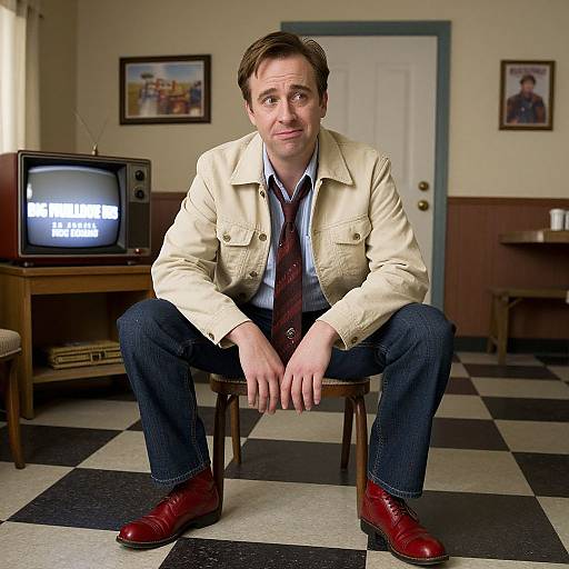 Photograph of a middle-aged man with short brown hair, beige jacket, red tie, and red boots, sitting on a chair in a retro room