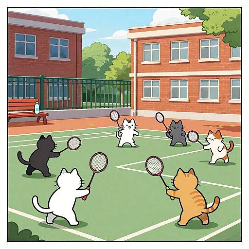 Cats Playing Badminton in Schoolyard