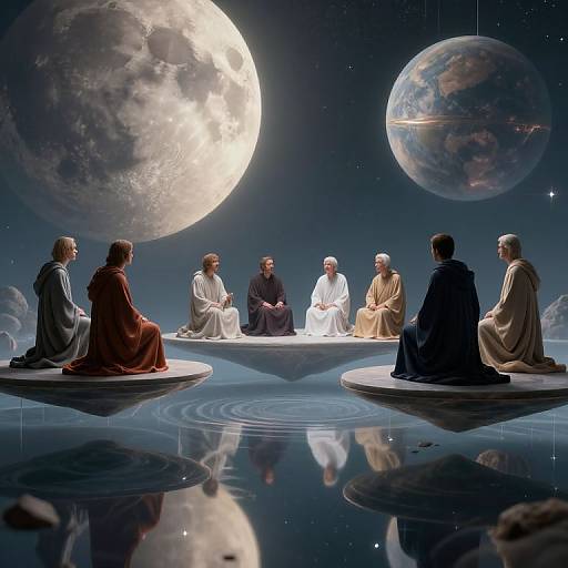 Digital art of seven robed figures seated on floating islands, surrounded by a reflective water surface, with large moon and planet in a starry night sky