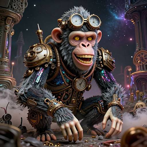CGI image of a steampunk monkey with yellow eyes, wearing goggles, mechanical armor, and clockwork accessories, crouching in a futuristic