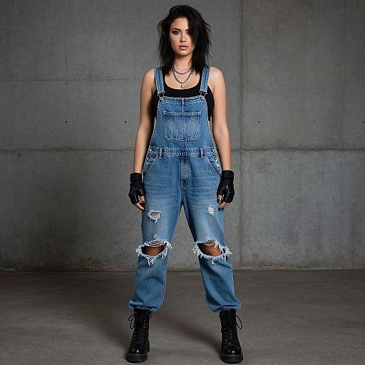 Photograph of a confident woman with black wavy hair, wearing ripped blue denim overalls, black tank top, fingerless gloves, and black boots
