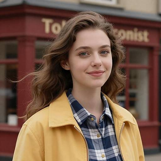 Cheerful Young Woman by Red Building