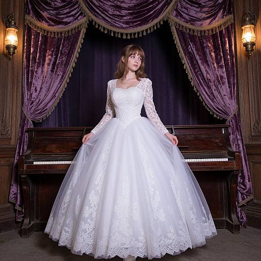 Photograph of a brunette woman in a white lace wedding dress, standing in front of a dark wooden piano with purple velvet curtains and lit wall scon