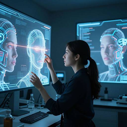 Photograph of a focused woman in a black shirt, using a computer to design a virtual, neon-lit, cybernetic human head.