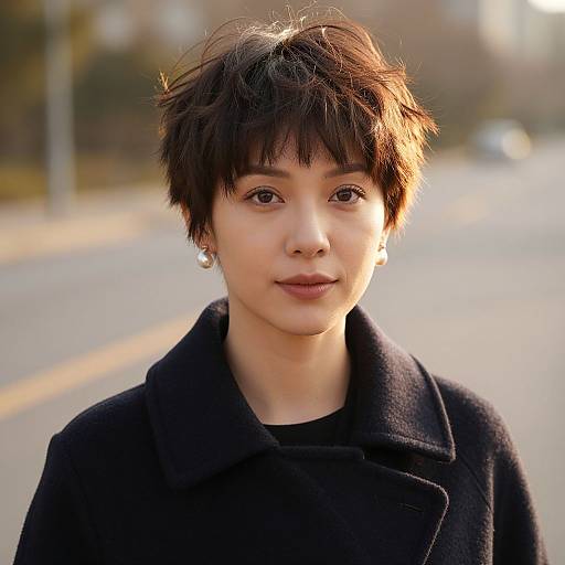 Photograph of a young Asian woman with short, tousled dark hair, wearing a black coat, small silver earrings, standing on a sunlit street