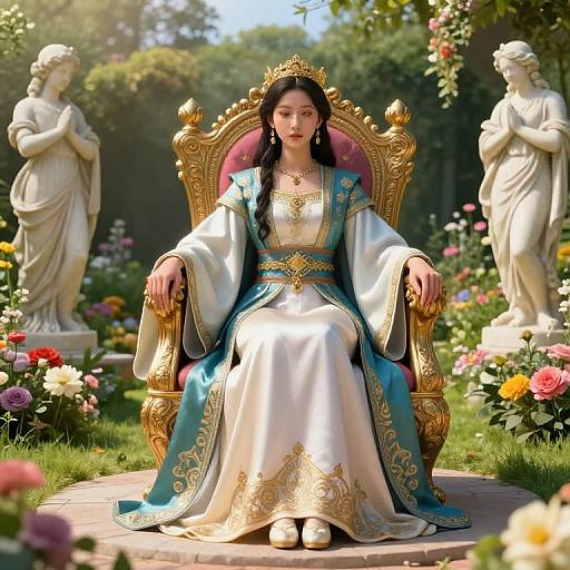 Digital painting of an Asian queen with long black hair, wearing an ornate gold and blue gown, seated on a regal throne surrounded by statues and