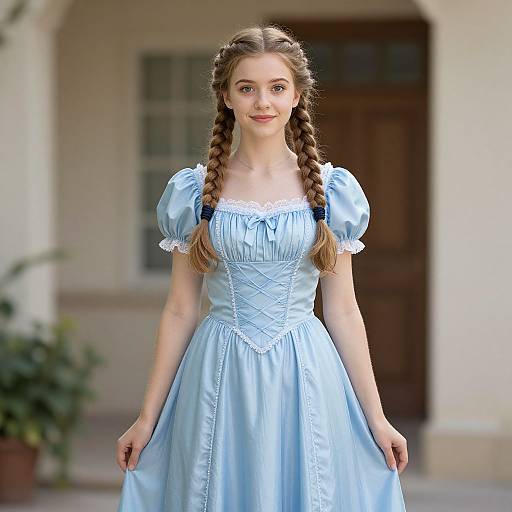 Photograph of a young white woman with long brown braids, wearing a light blue, puffed-sleeve, Victorian-style dress, standing outdoors