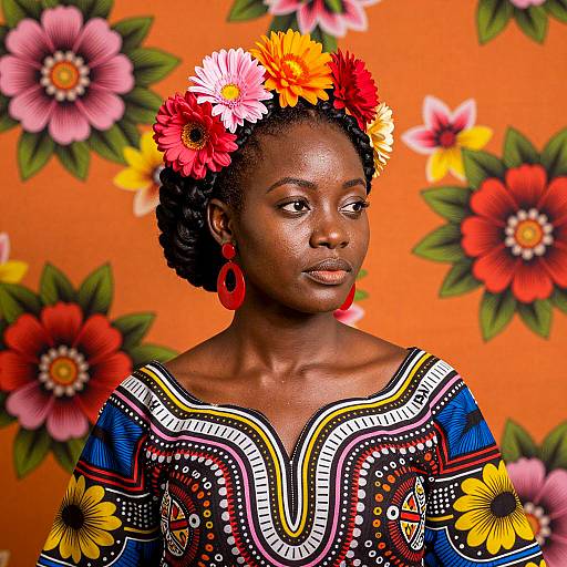 Black Woman in Colorful African Dress with Floral Headpiece