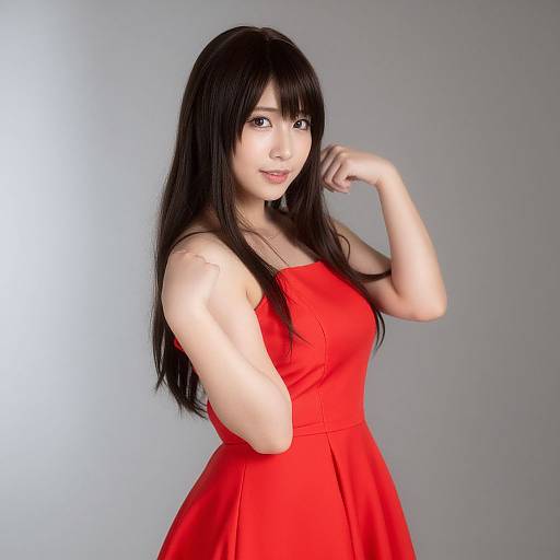 Photograph of an Asian woman with long black hair, wearing a sleeveless red dress, standing against a gray background, smiling gently, with her right