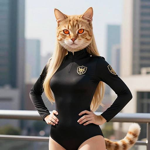 Anthropomorphic cat with orange eyes in a black, long-sleeve, form-fitting police uniform stands confidently on a sunlit balcony with city