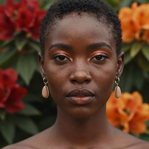 Photograph of a dark-skinned woman with short curly hair, wearing teardrop earrings, copper eyeshadow, and orange-red flower background.