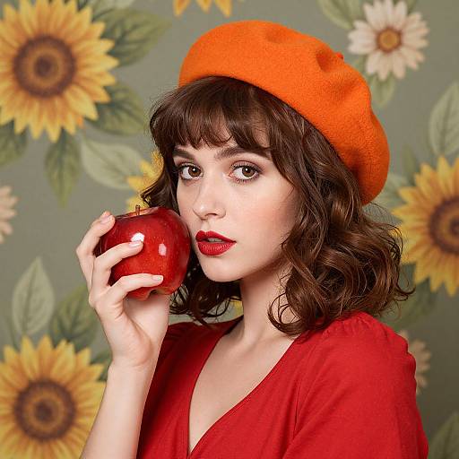 Photograph of a fair-skinned woman with wavy brown hair, wearing a bright orange beret and red dress, holding a red apple, set