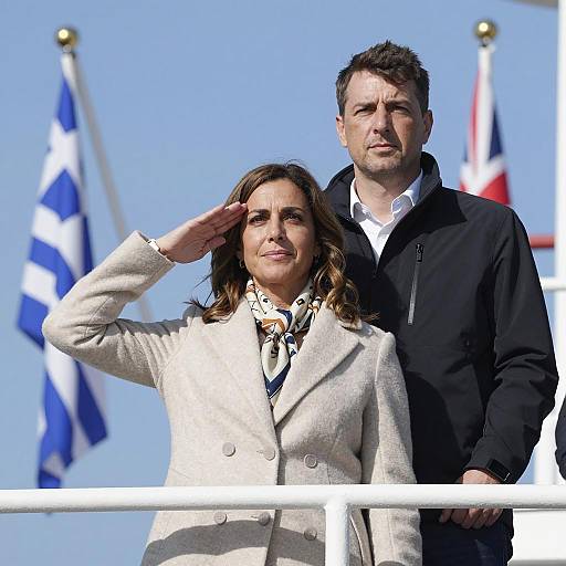 Man and Woman on Ship Deck with Flags
