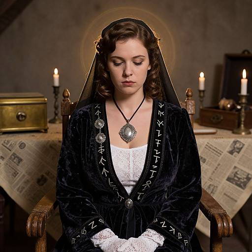Photograph of a pale-skinned woman with dark wavy hair, wearing a black embroidered robe, white lace dress, and veil, seated in a