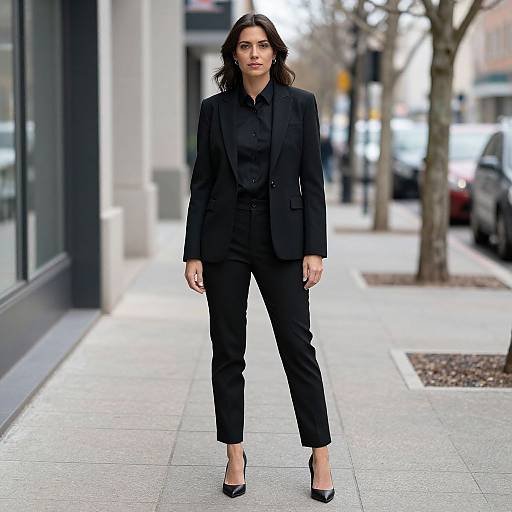 Photograph of a confident woman with dark hair, wearing a black blazer, button-up shirt, and black pants with black heels, standing on a