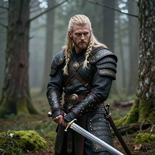 Photorealistic digital art of a stern, blonde-bearded Viking warrior with braided hair, armored in black with gold accents, holding a sword in