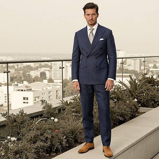 Confident Man in Navy Suit on Rooftop