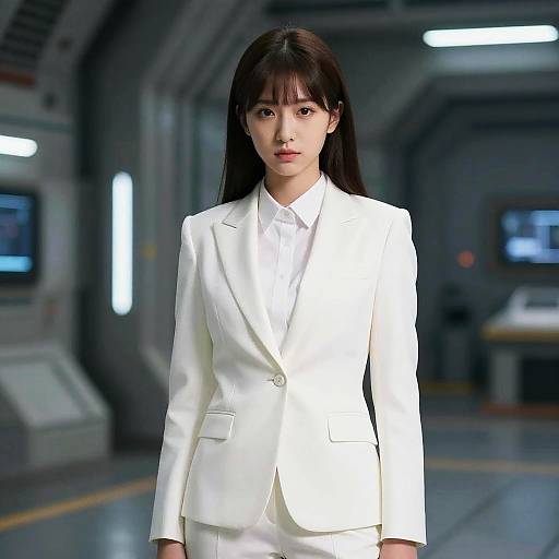Photograph of an Asian woman with long black hair, wearing a white suit, standing in a futuristic, dimly lit corridor.