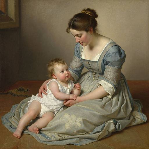 Digital painting of a fair-skinned woman in a blue, 18th-century dress, gently holding a chubby, blond baby in a white lace dress