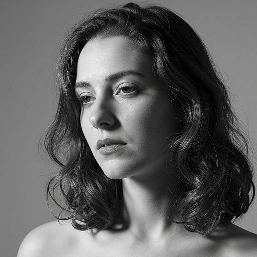 Monochromatic photograph of a woman with wavy dark hair, gazing softly to the side, highlighted by dramatic lighting, creating a shadowed,