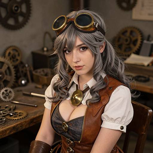 Digital artwork of a gray-haired, brown-eyed anime-style woman with steampunk goggles, brown leather vest, white shirt, and large brass brooch