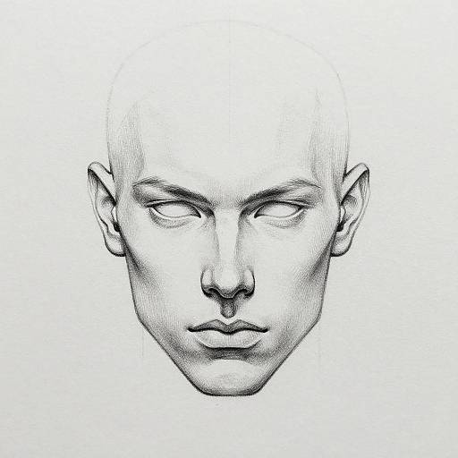 Black and white digital drawing of a bald, expressionless human face with hollow eyes, detailed shading, and a minimalist background.