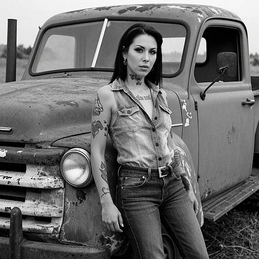 Tattooed woman in denim vest and jeans leans against an old, rusted truck in a black-and-white photograph.