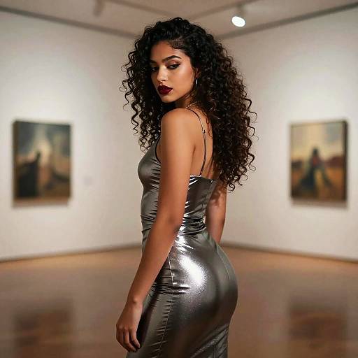 Photograph of a curvy woman with long, curly black hair, wearing a tight, shiny silver dress, standing in a modern art gallery with blurred