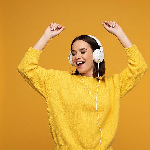 Photograph of a smiling woman with medium skin tone, dark hair, wearing white headphones and a bright yellow sweater, raising her arms joyfully against a