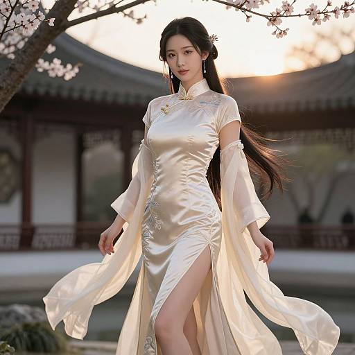 Photograph of an Asian woman with long black hair in a white satin cheongsam with floral embroidery, standing in front of a traditional Chinese building with