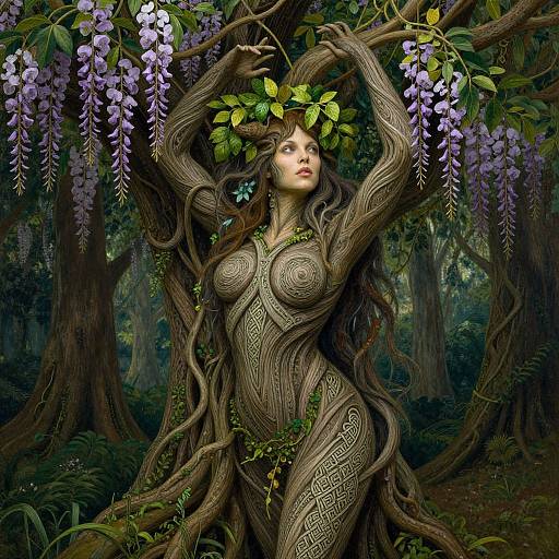 Digital artwork of a wooden nymph with flowing brown hair, leafy crown, and intricate bark patterns, surrounded by purple wisteria in a dense,