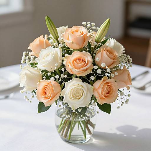 Photograph of a clear glass vase filled with peach and white roses, small white baby's breath, and green leaves, placed on a sunlit white