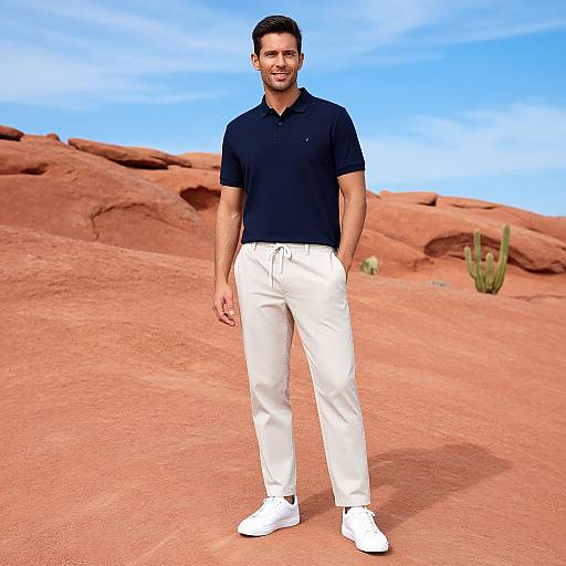 Photograph of a smiling, fit man with short brown hair, wearing a black polo shirt, white pants, and white shoes, standing in a red